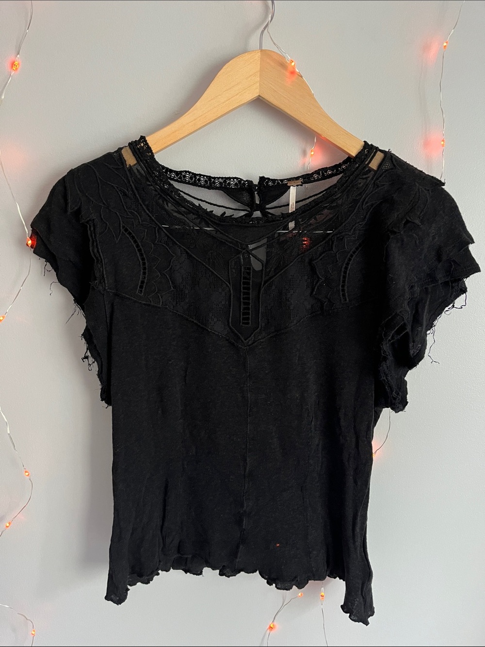 Free People Black Short Sleeve Lace-Trim Top